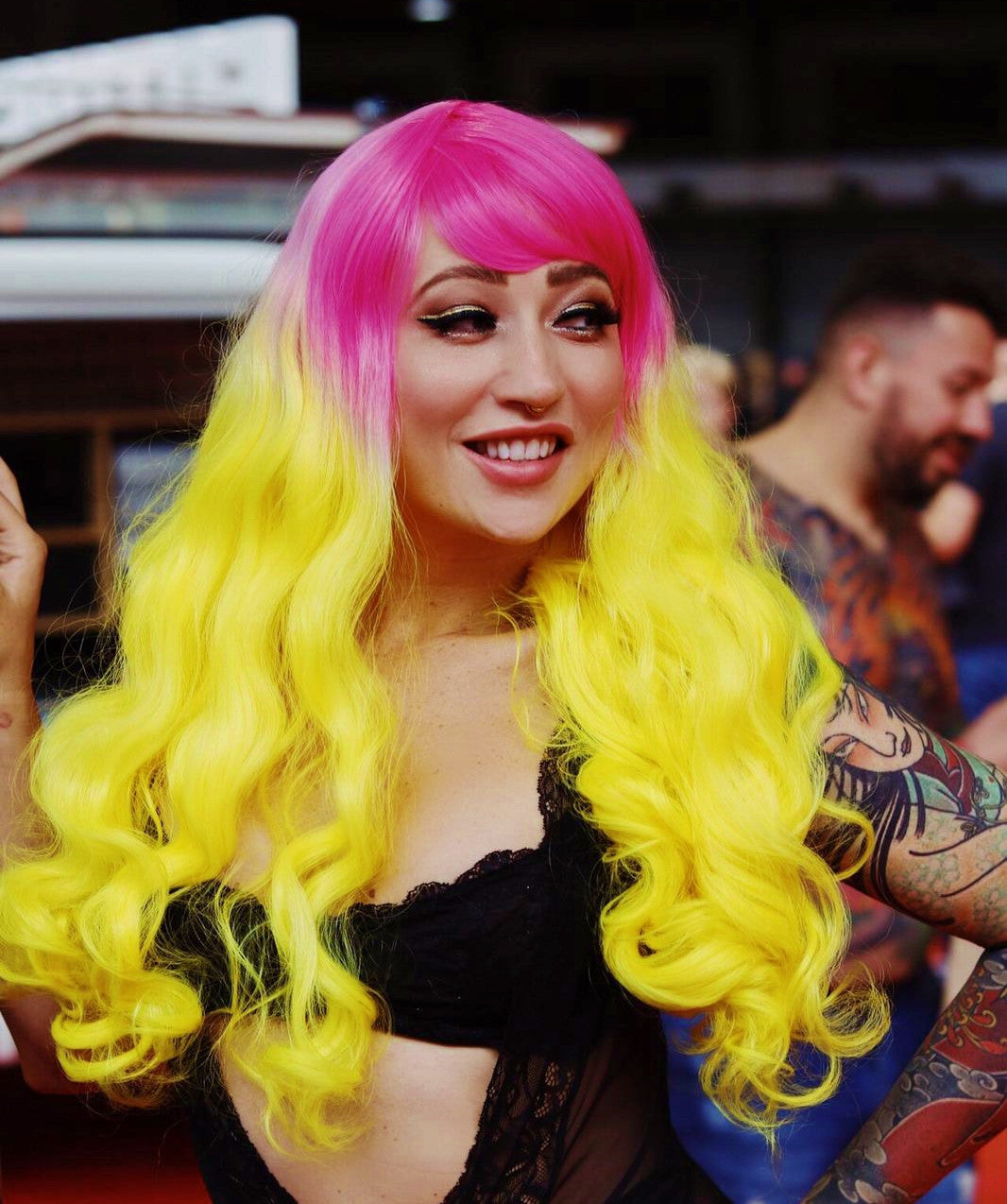 Canary Yellow & Pink Ombre Wig. Tattoo Model