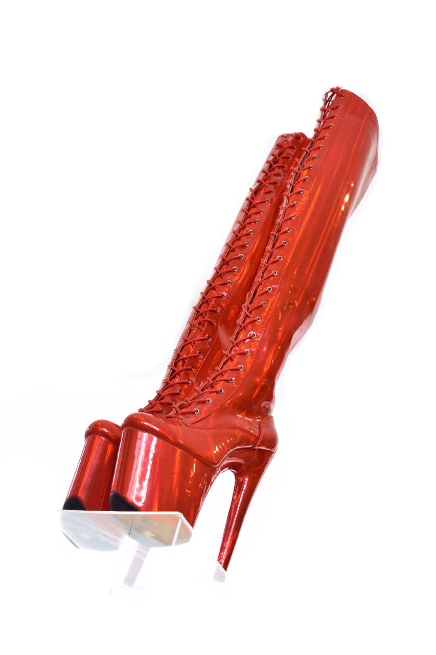 Hot Cherry Red 8 inch Thigh High Platform Boot. Vegan Leather.