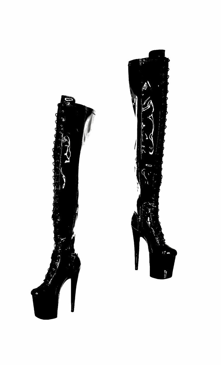 Shiny Gloss Black Thigh High Platform Boot. 20cm 8 Inch. Dragpole Shoes