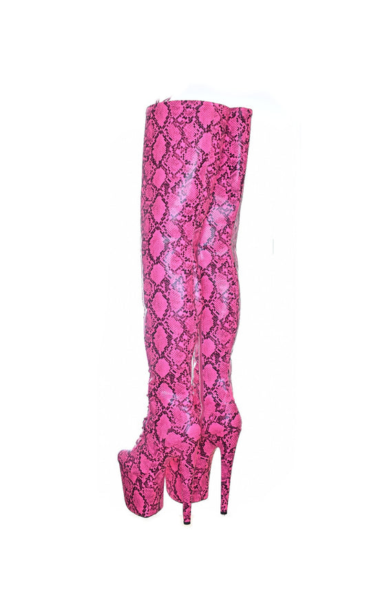 Snake Print Thigh High Pink Platform Boots. 