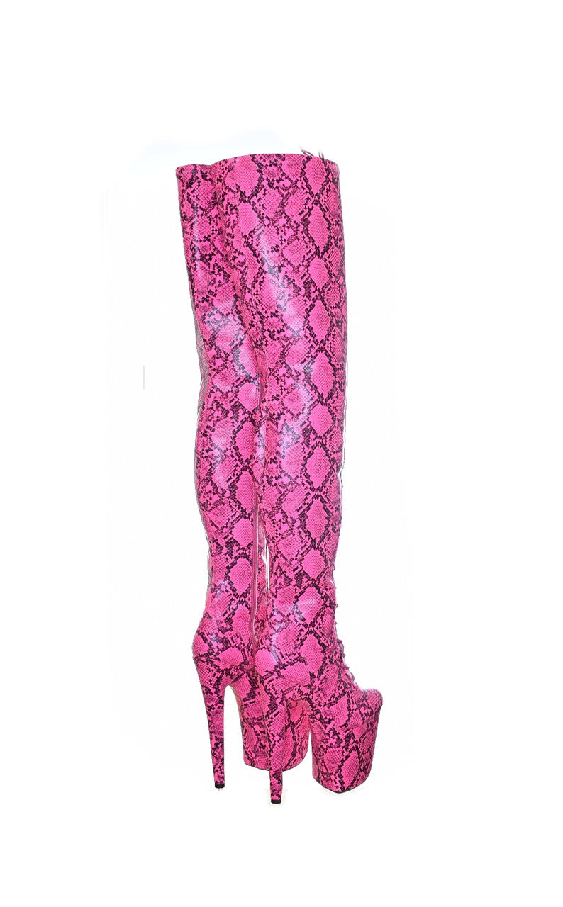 Snake Print Thigh High Pink Platform Boots