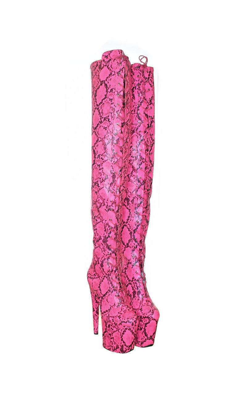 Snake Print Thigh High Bright Pink Platform Boots