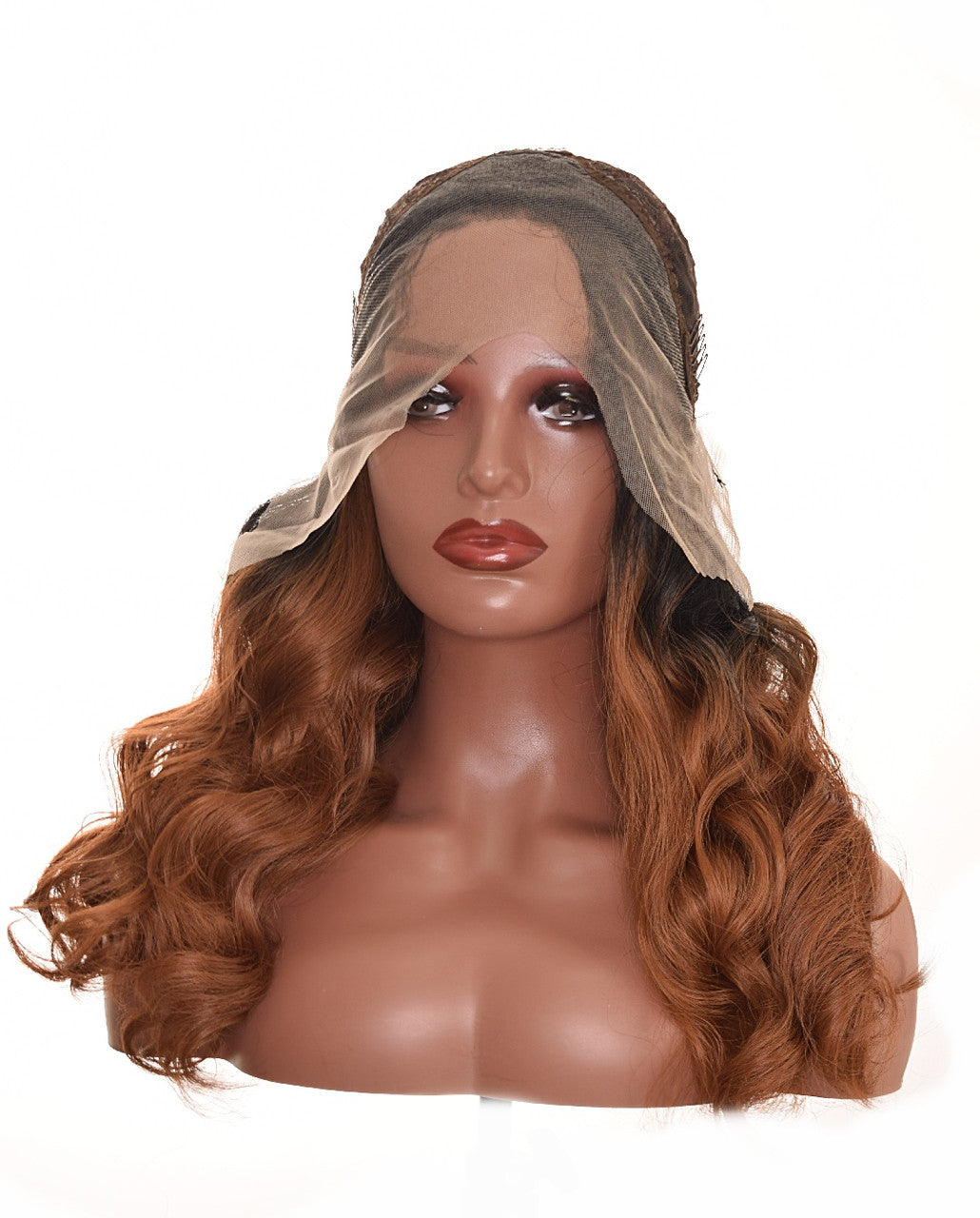 Black Ombre Caramel Brown  Wavy Curl Lace Front Wig.  Inner cap