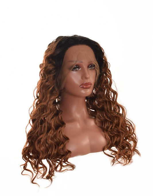  Black Caramel Brown Ombre Wet Curl Lace Front Wig.  Kiki