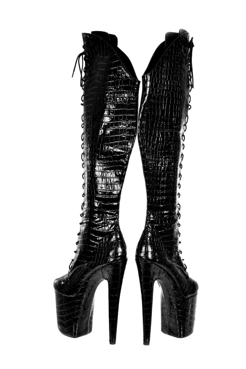 Over Knee Black Patent Mock Croc Platform Boots. Vegan Leather. UK 9