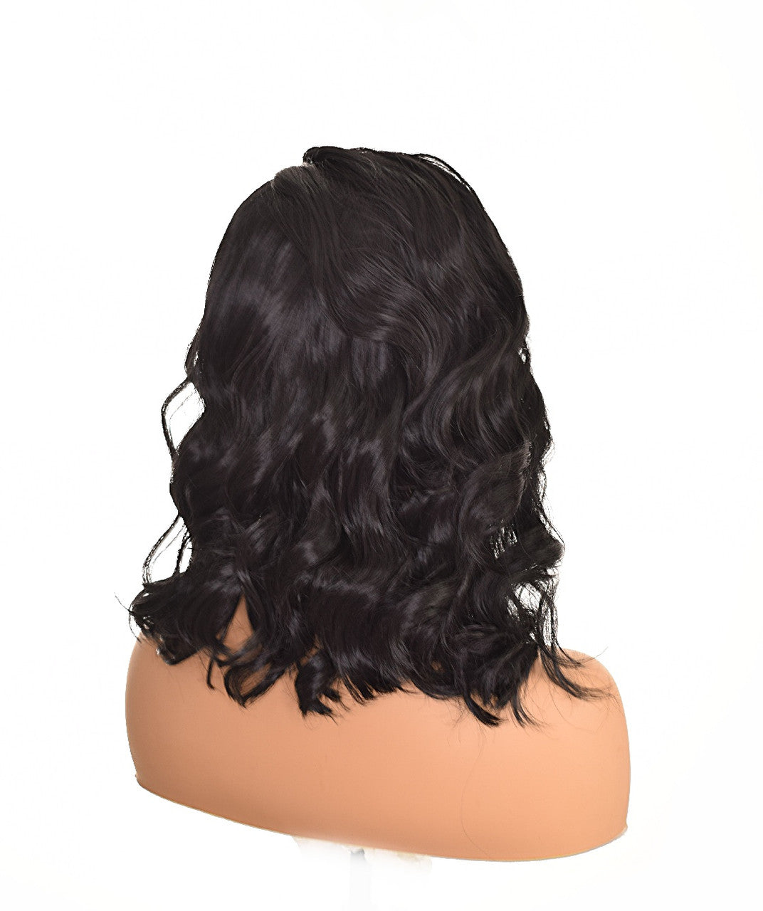Black Mid Length Wavy Lace Front Lob Wig. Lana rear.