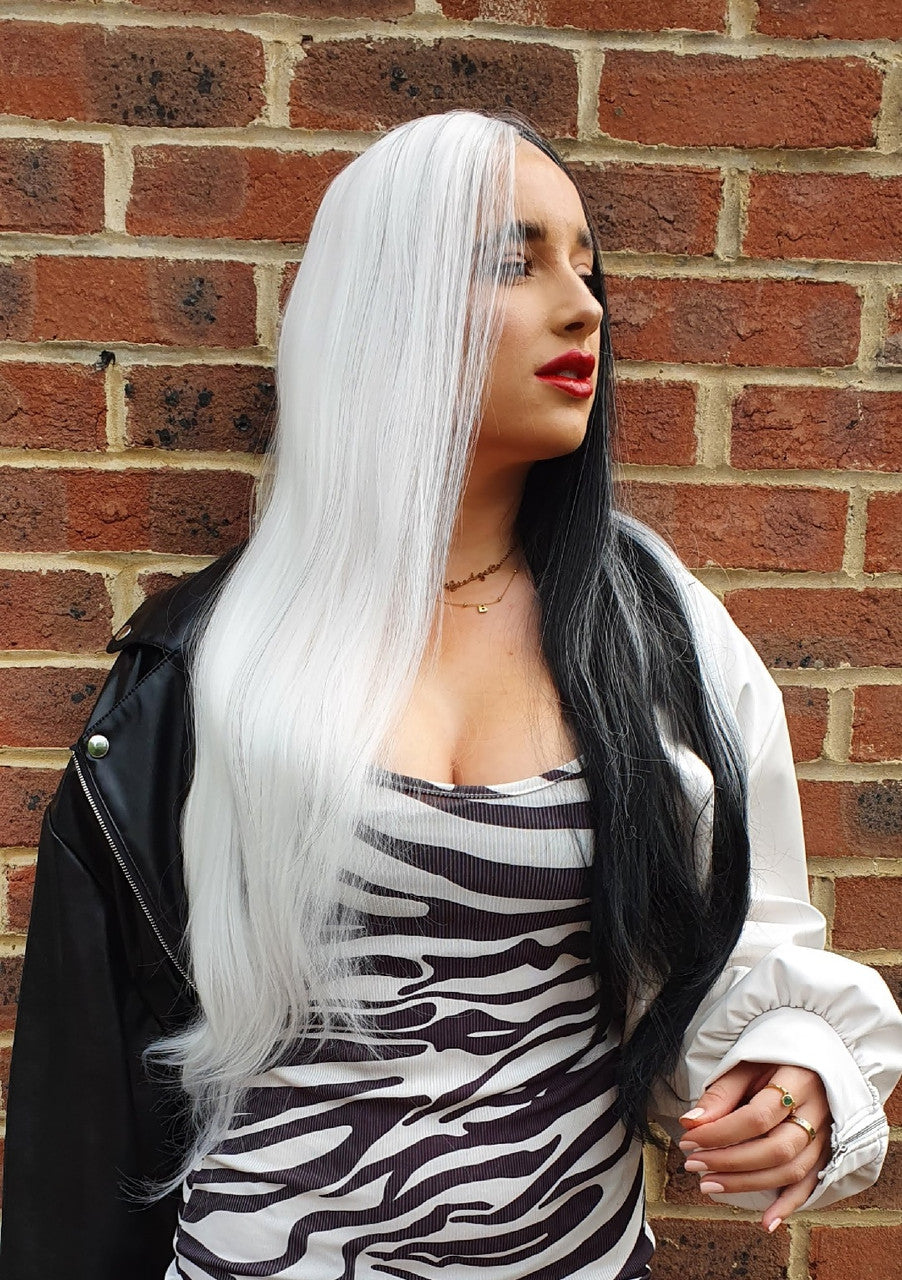 Black White Split Colour Lace Front Wig.  Kruella Wig