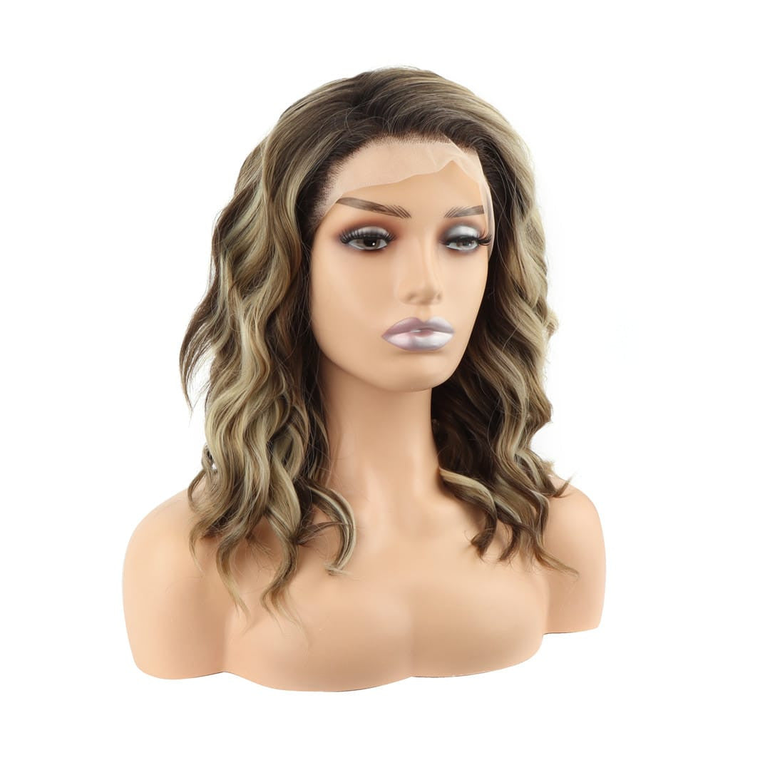 Brown Blonde Streaked Mid Length Wavy Lace Front Lob Wig. 