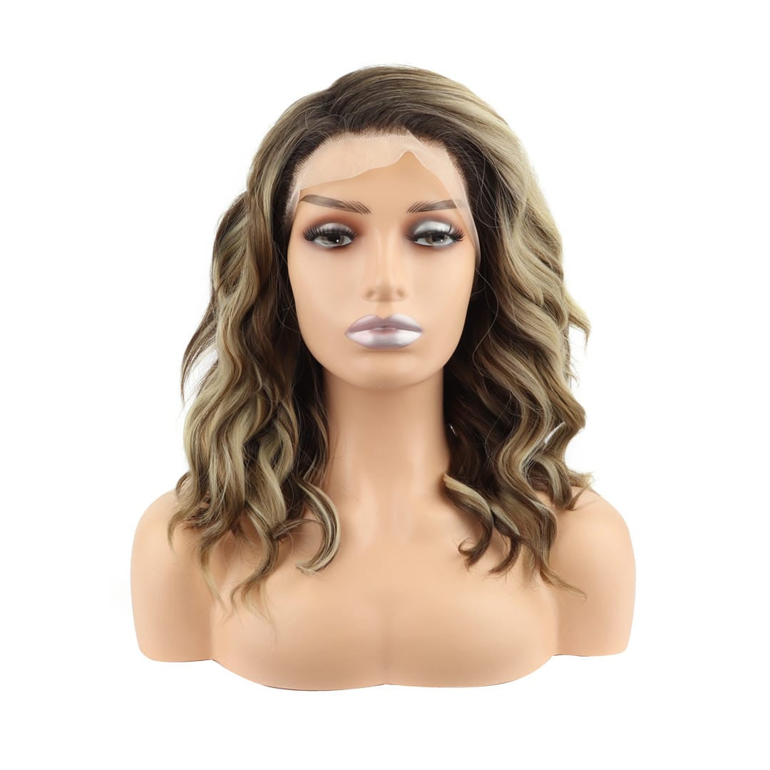 Brown Streaked Mid Length Wavy Lace Front Lob Wig. 