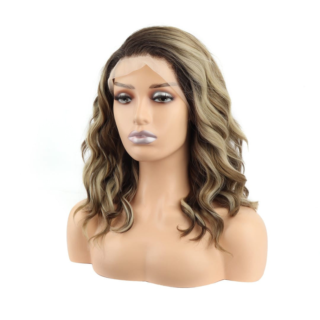 Brown Blonde Streaked Mid Length Wavy Lace Front Wig. 