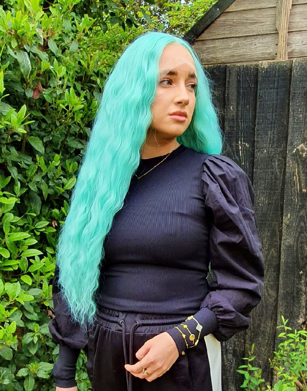 Mint Green Textured Lace Front Wig. Aqua Marine Wig