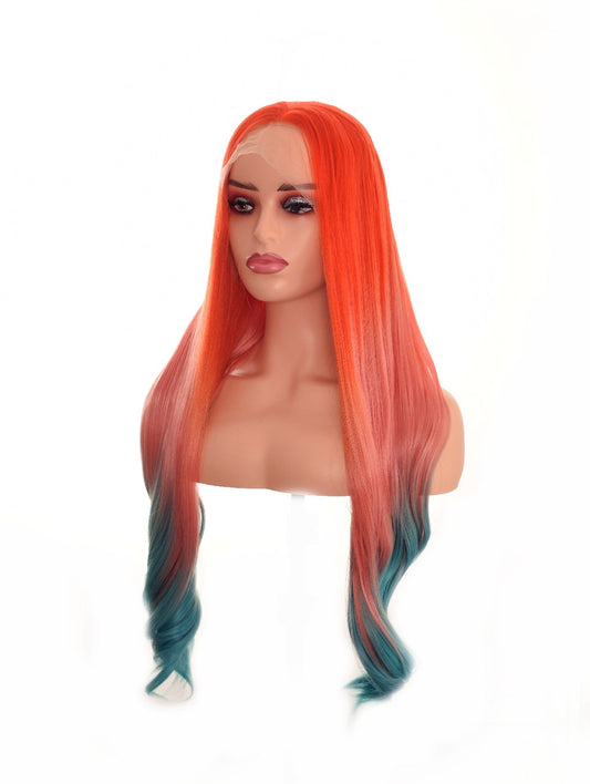 Orange Pink Blue Ombre Lace Front Wig. 