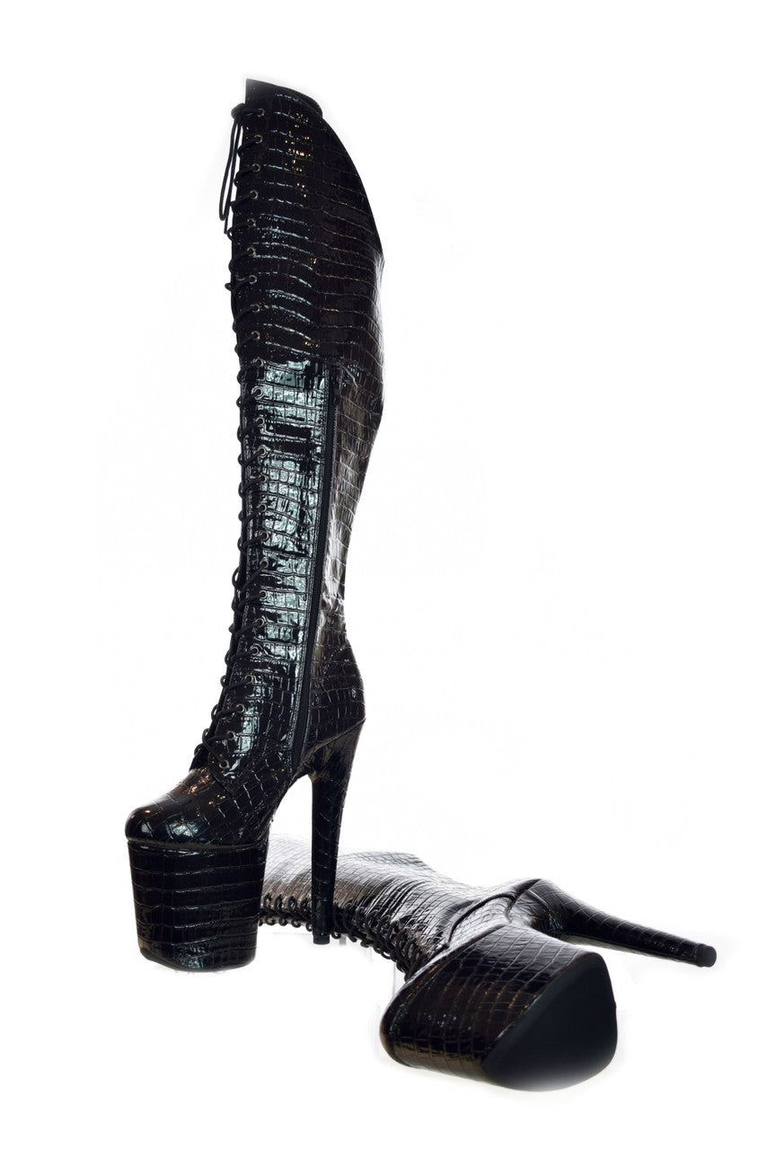 Over Knee Black Patent Mock Croc Platform Boots. Vegan Leather. UK 9
