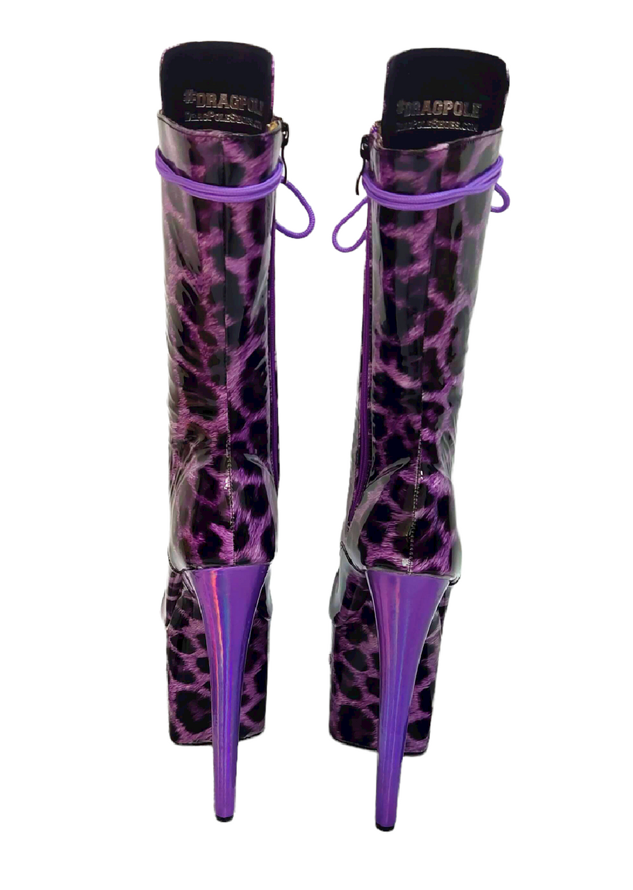 Purple Leopard Patent Print Platform Pole Boots. Vegan Leather 