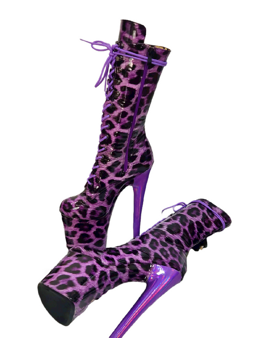 Purple Leopard Patent Print Platform Boots. Vegan Leather 20cm