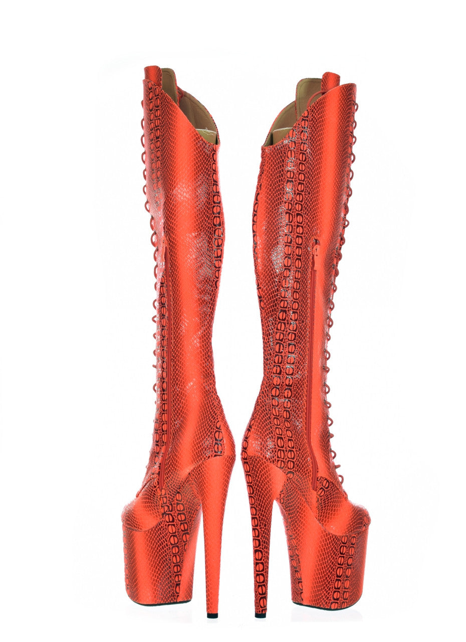 Over the knee Orange Red Snake Print Platform Boots. Vegan Leather. Red Anaconda