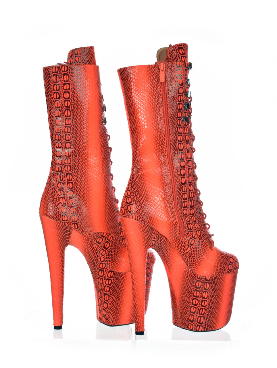 Orange Red Snake Print Platform Stiletto Boot. Vegan Leather Red Anaconda