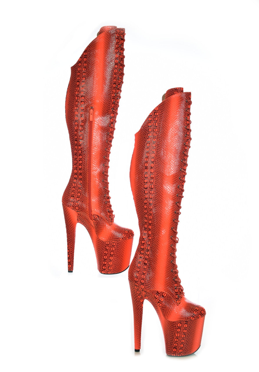 Over the knee Orange Red Snake Print Platform Boots. Vegan Leather. Red Anaconda